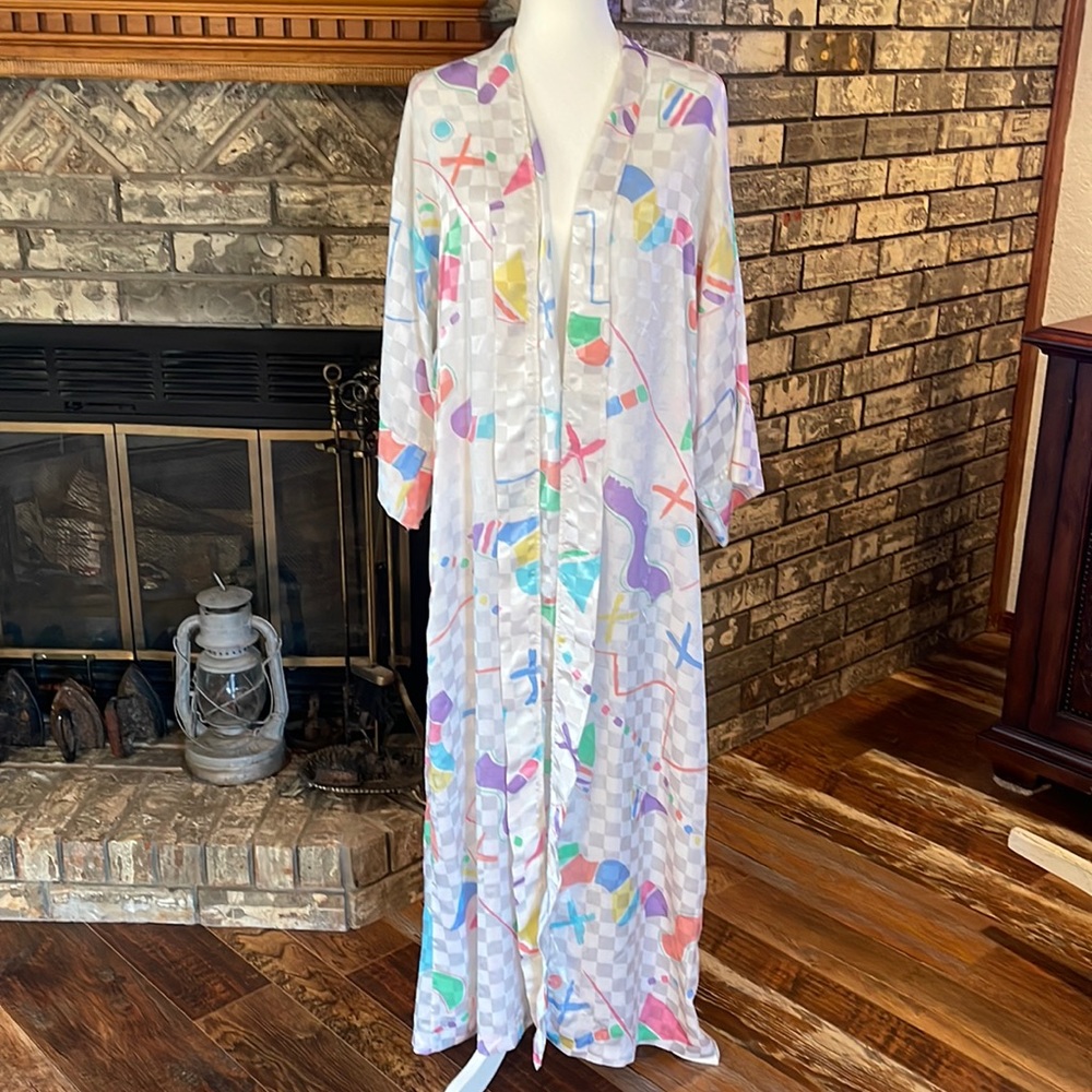Vintage 1970s Keyloun By David Gordon Geometric Print Robe with Pockets
